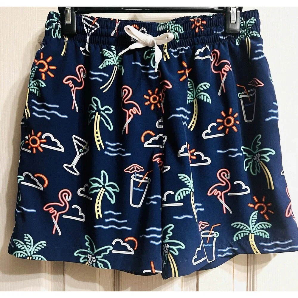 🌴 Chubbies Mens L 5.5” Swim Trunks Neon Flamingo Palm Tree Navy Lined Shorts